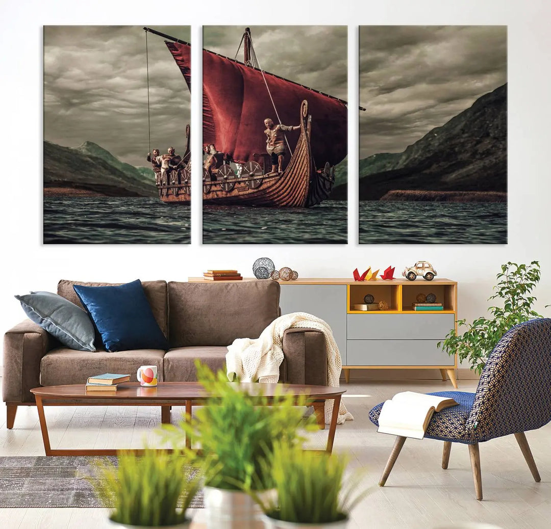 The living room features the "Old Vikings Ship Canvas Art Print Nautical Art Sailing Art Ship Wall Art," a magnificent triptych depicting a Viking ship on stormy seas, printed on museum-quality canvas. This ready-to-hang artwork enhances sophistication and longevity with its UV-protective coating.