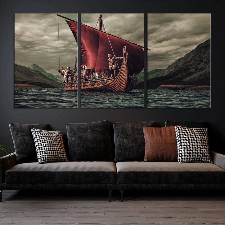 The living room features the "Old Vikings Ship Canvas Art Print Nautical Art Sailing Art Ship Wall Art," a magnificent triptych depicting a Viking ship on stormy seas, printed on museum-quality canvas. This ready-to-hang artwork enhances sophistication and longevity with its UV-protective coating.