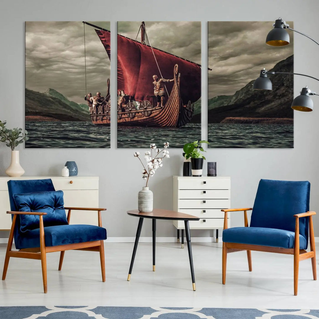 The living room features the "Old Vikings Ship Canvas Art Print Nautical Art Sailing Art Ship Wall Art," a magnificent triptych depicting a Viking ship on stormy seas, printed on museum-quality canvas. This ready-to-hang artwork enhances sophistication and longevity with its UV-protective coating.