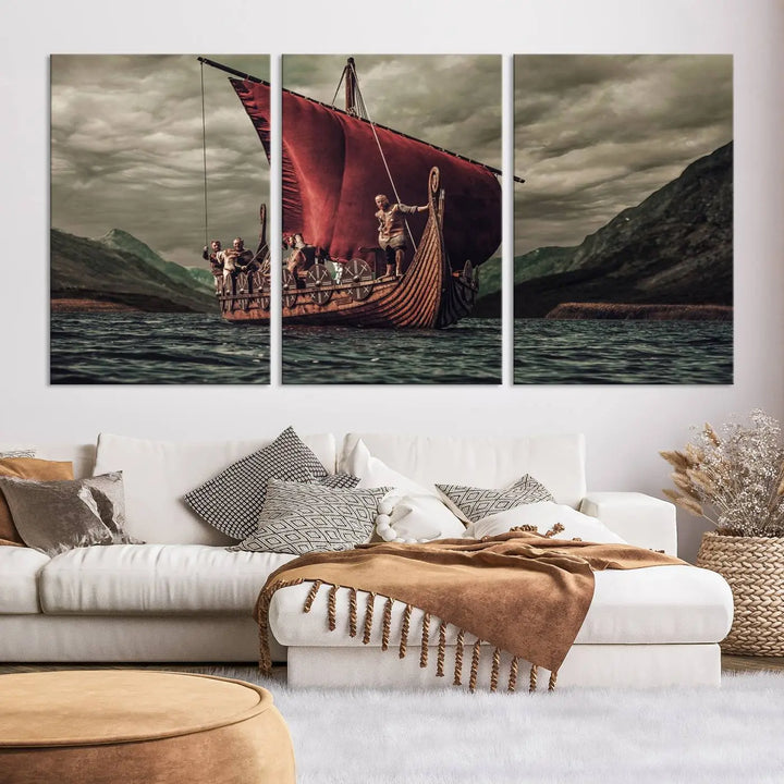 The living room features the "Old Vikings Ship Canvas Art Print Nautical Art Sailing Art Ship Wall Art," a magnificent triptych depicting a Viking ship on stormy seas, printed on museum-quality canvas. This ready-to-hang artwork enhances sophistication and longevity with its UV-protective coating.