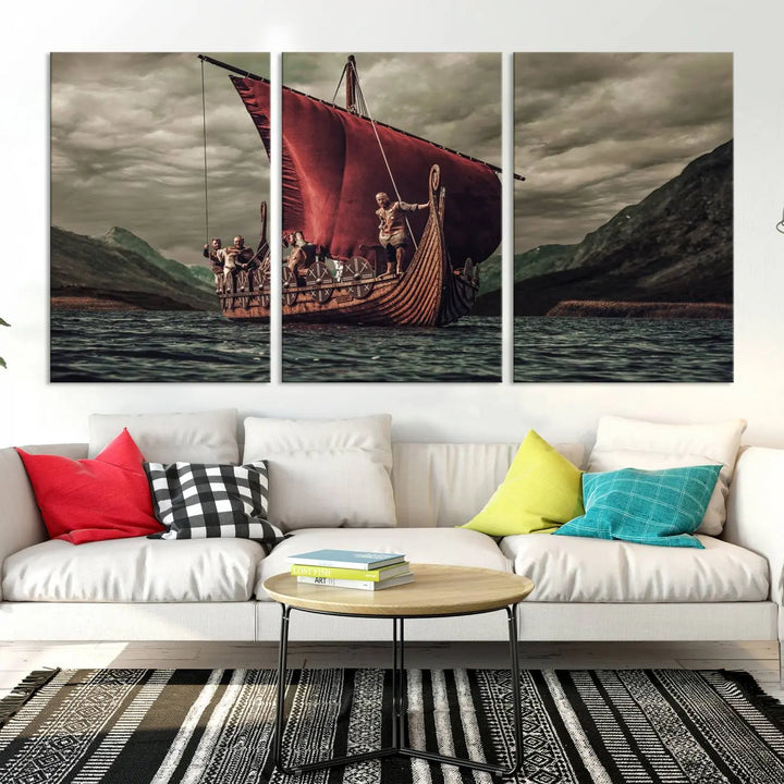 The living room features the "Old Vikings Ship Canvas Art Print Nautical Art Sailing Art Ship Wall Art," a magnificent triptych depicting a Viking ship on stormy seas, printed on museum-quality canvas. This ready-to-hang artwork enhances sophistication and longevity with its UV-protective coating.