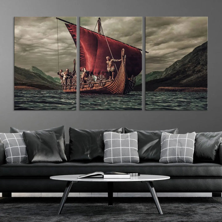 The living room features the "Old Vikings Ship Canvas Art Print Nautical Art Sailing Art Ship Wall Art," a magnificent triptych depicting a Viking ship on stormy seas, printed on museum-quality canvas. This ready-to-hang artwork enhances sophistication and longevity with its UV-protective coating.