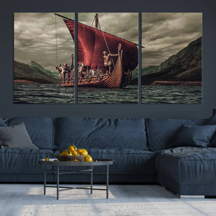 The living room features the "Old Vikings Ship Canvas Art Print Nautical Art Sailing Art Ship Wall Art," a magnificent triptych depicting a Viking ship on stormy seas, printed on museum-quality canvas. This ready-to-hang artwork enhances sophistication and longevity with its UV-protective coating.