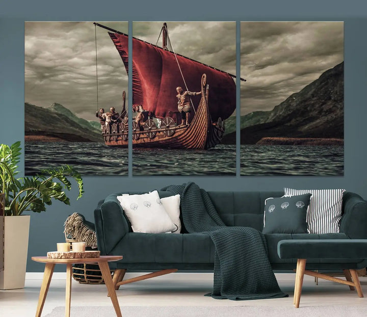 The living room features the "Old Vikings Ship Canvas Art Print Nautical Art Sailing Art Ship Wall Art," a magnificent triptych depicting a Viking ship on stormy seas, printed on museum-quality canvas. This ready-to-hang artwork enhances sophistication and longevity with its UV-protective coating.