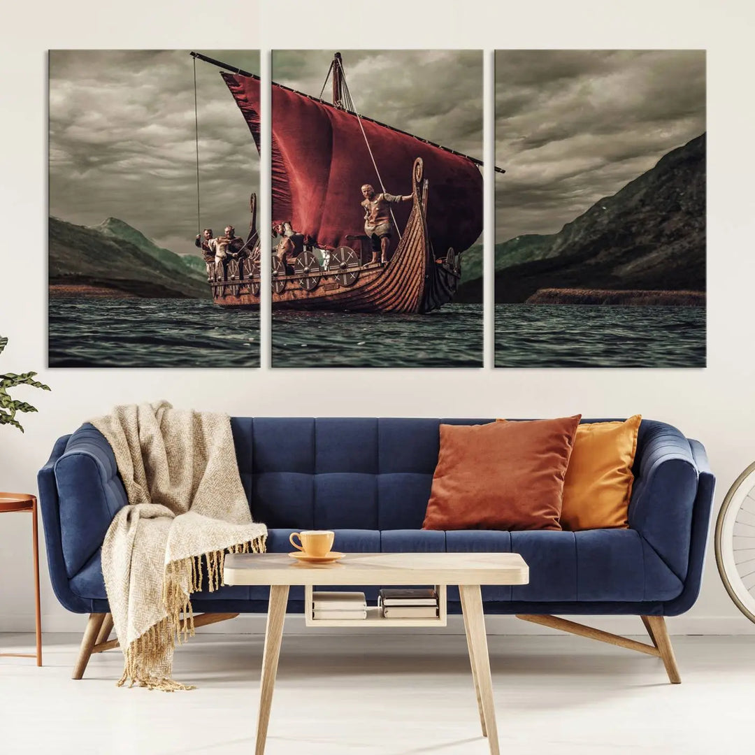 The living room features the "Old Vikings Ship Canvas Art Print Nautical Art Sailing Art Ship Wall Art," a magnificent triptych depicting a Viking ship on stormy seas, printed on museum-quality canvas. This ready-to-hang artwork enhances sophistication and longevity with its UV-protective coating.