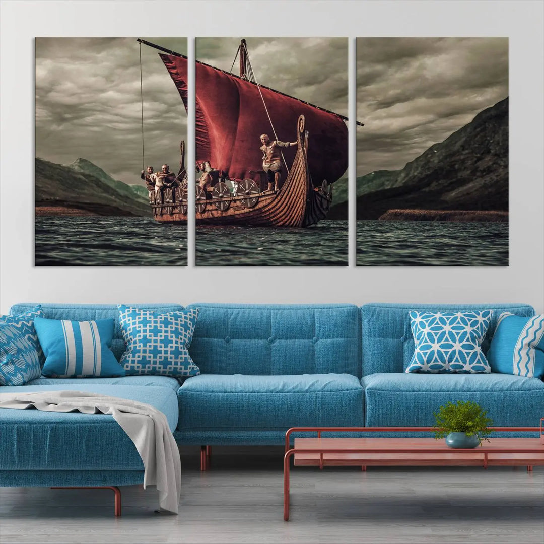 The living room features the "Old Vikings Ship Canvas Art Print Nautical Art Sailing Art Ship Wall Art," a magnificent triptych depicting a Viking ship on stormy seas, printed on museum-quality canvas. This ready-to-hang artwork enhances sophistication and longevity with its UV-protective coating.