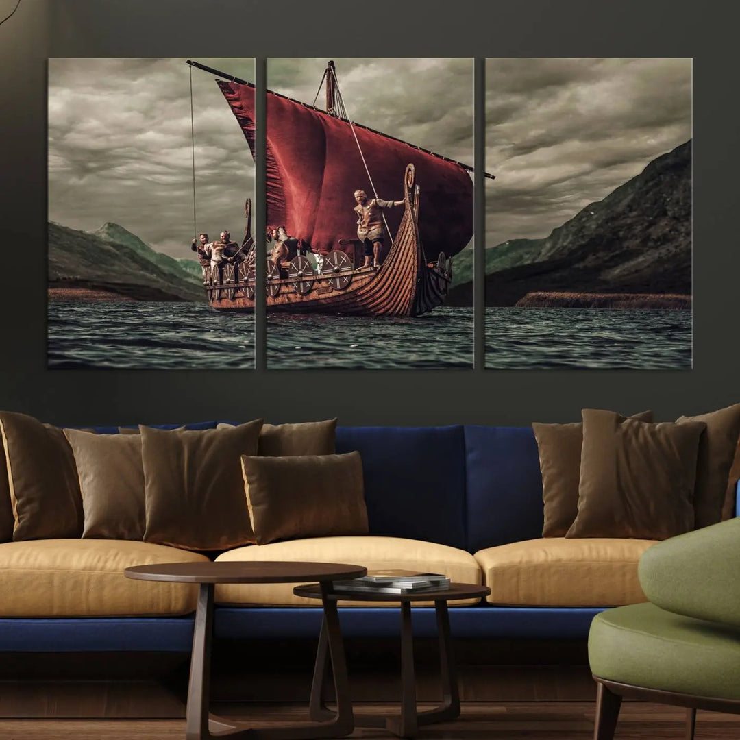 The living room features the "Old Vikings Ship Canvas Art Print Nautical Art Sailing Art Ship Wall Art," a magnificent triptych depicting a Viking ship on stormy seas, printed on museum-quality canvas. This ready-to-hang artwork enhances sophistication and longevity with its UV-protective coating.