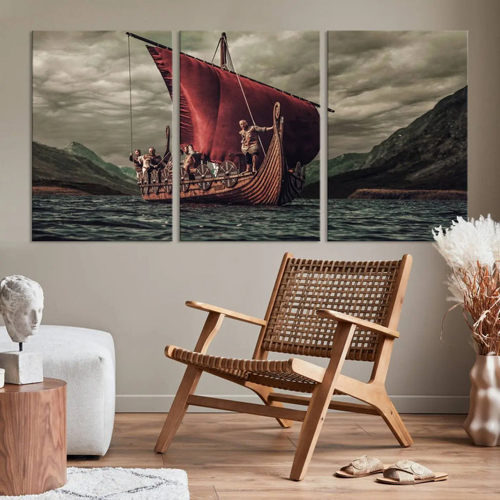 The living room features the "Old Vikings Ship Canvas Art Print Nautical Art Sailing Art Ship Wall Art," a magnificent triptych depicting a Viking ship on stormy seas, printed on museum-quality canvas. This ready-to-hang artwork enhances sophistication and longevity with its UV-protective coating.