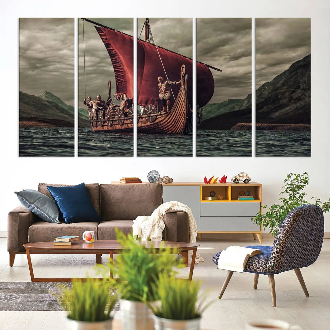 The living room features the "Old Vikings Ship Canvas Art Print Nautical Art Sailing Art Ship Wall Art," a magnificent triptych depicting a Viking ship on stormy seas, printed on museum-quality canvas. This ready-to-hang artwork enhances sophistication and longevity with its UV-protective coating.