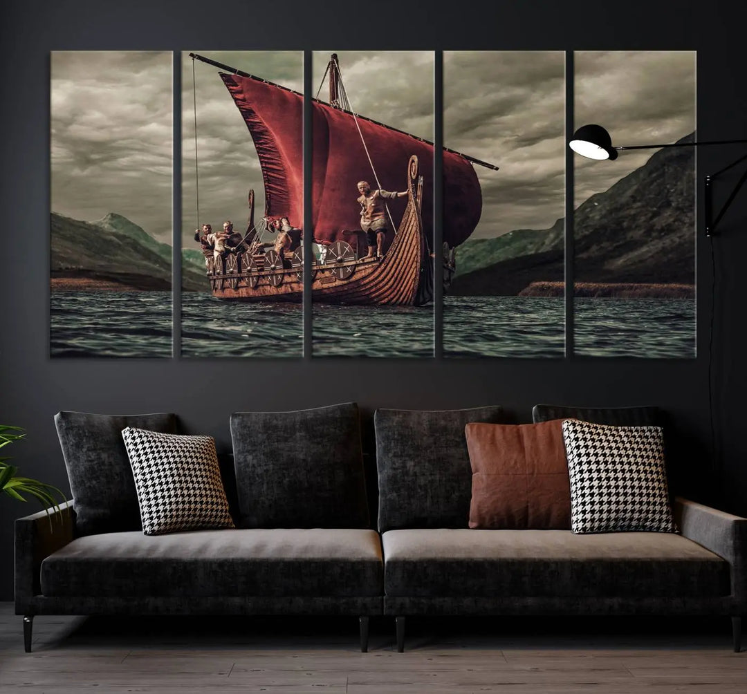 The living room features the "Old Vikings Ship Canvas Art Print Nautical Art Sailing Art Ship Wall Art," a magnificent triptych depicting a Viking ship on stormy seas, printed on museum-quality canvas. This ready-to-hang artwork enhances sophistication and longevity with its UV-protective coating.