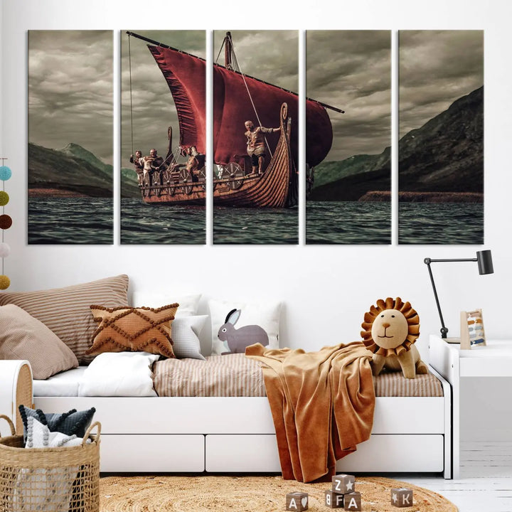 The living room features the "Old Vikings Ship Canvas Art Print Nautical Art Sailing Art Ship Wall Art," a magnificent triptych depicting a Viking ship on stormy seas, printed on museum-quality canvas. This ready-to-hang artwork enhances sophistication and longevity with its UV-protective coating.