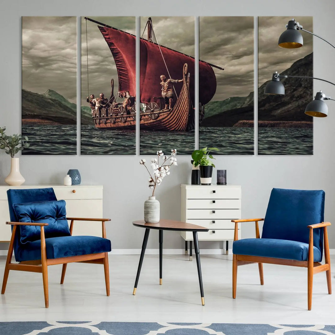 The living room features the "Old Vikings Ship Canvas Art Print Nautical Art Sailing Art Ship Wall Art," a magnificent triptych depicting a Viking ship on stormy seas, printed on museum-quality canvas. This ready-to-hang artwork enhances sophistication and longevity with its UV-protective coating.