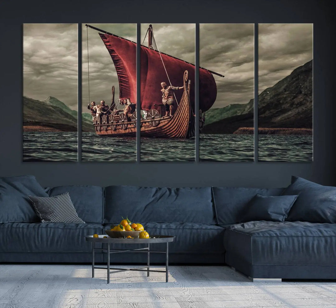 The living room features the "Old Vikings Ship Canvas Art Print Nautical Art Sailing Art Ship Wall Art," a magnificent triptych depicting a Viking ship on stormy seas, printed on museum-quality canvas. This ready-to-hang artwork enhances sophistication and longevity with its UV-protective coating.