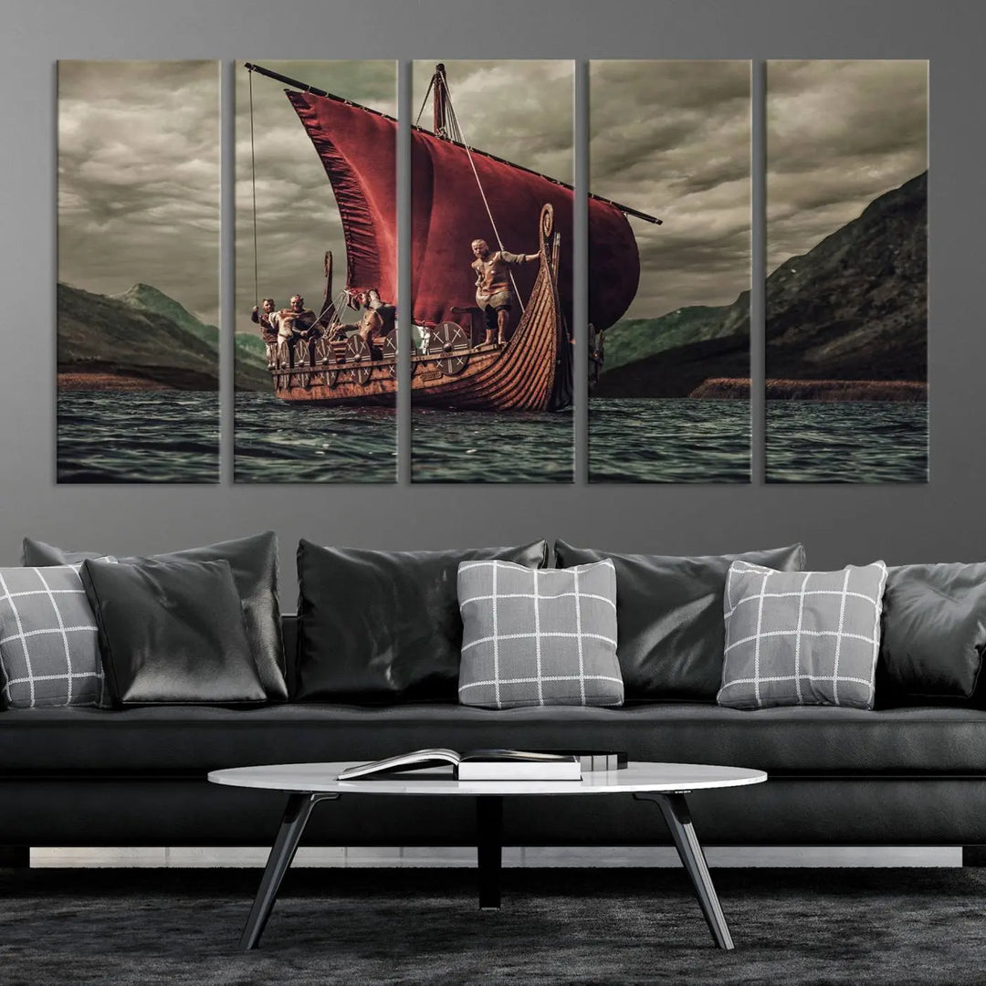 The living room features the "Old Vikings Ship Canvas Art Print Nautical Art Sailing Art Ship Wall Art," a magnificent triptych depicting a Viking ship on stormy seas, printed on museum-quality canvas. This ready-to-hang artwork enhances sophistication and longevity with its UV-protective coating.