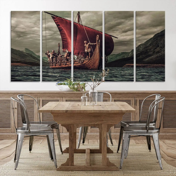 The living room features the "Old Vikings Ship Canvas Art Print Nautical Art Sailing Art Ship Wall Art," a magnificent triptych depicting a Viking ship on stormy seas, printed on museum-quality canvas. This ready-to-hang artwork enhances sophistication and longevity with its UV-protective coating.