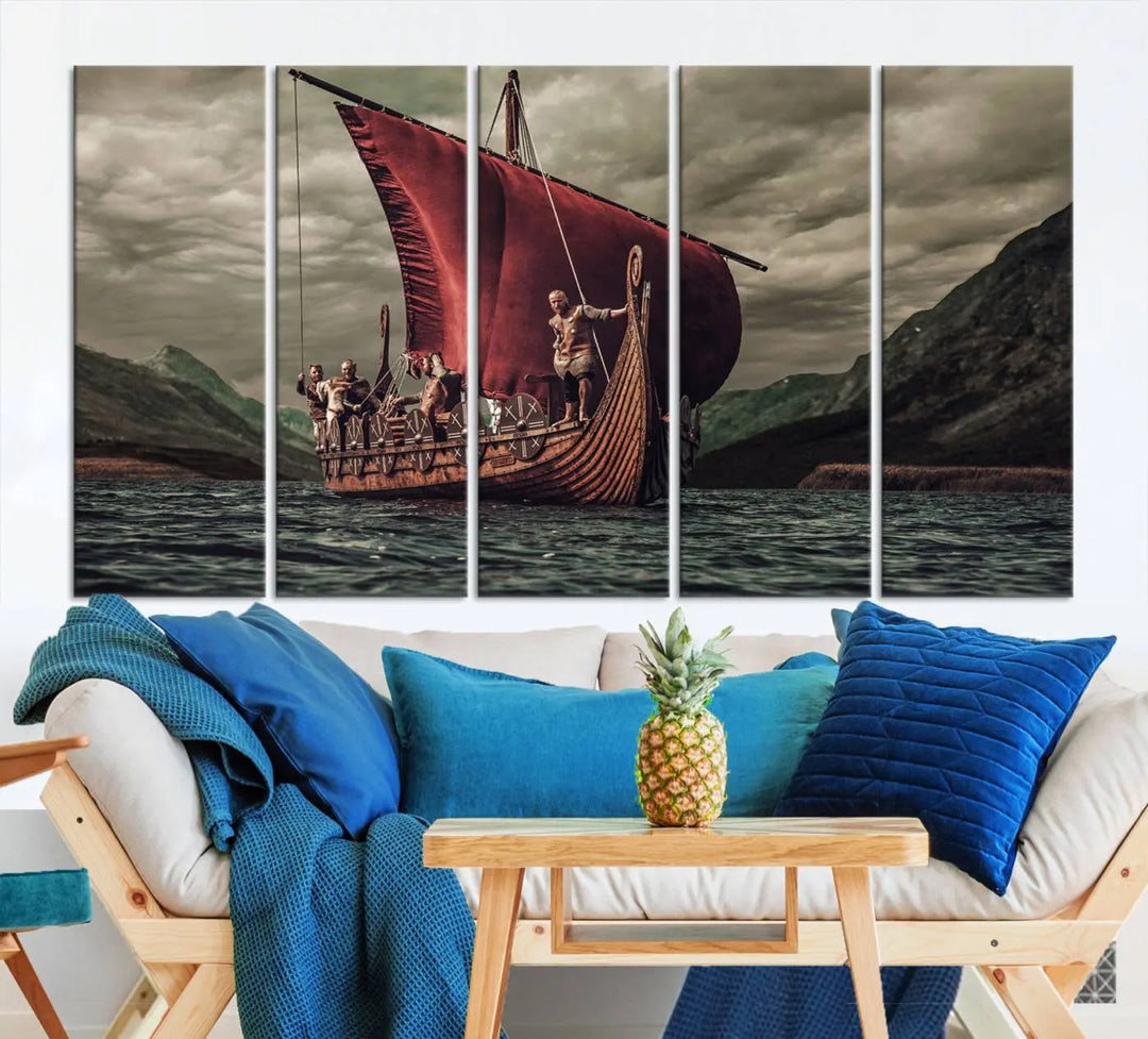 The living room features the "Old Vikings Ship Canvas Art Print Nautical Art Sailing Art Ship Wall Art," a magnificent triptych depicting a Viking ship on stormy seas, printed on museum-quality canvas. This ready-to-hang artwork enhances sophistication and longevity with its UV-protective coating.