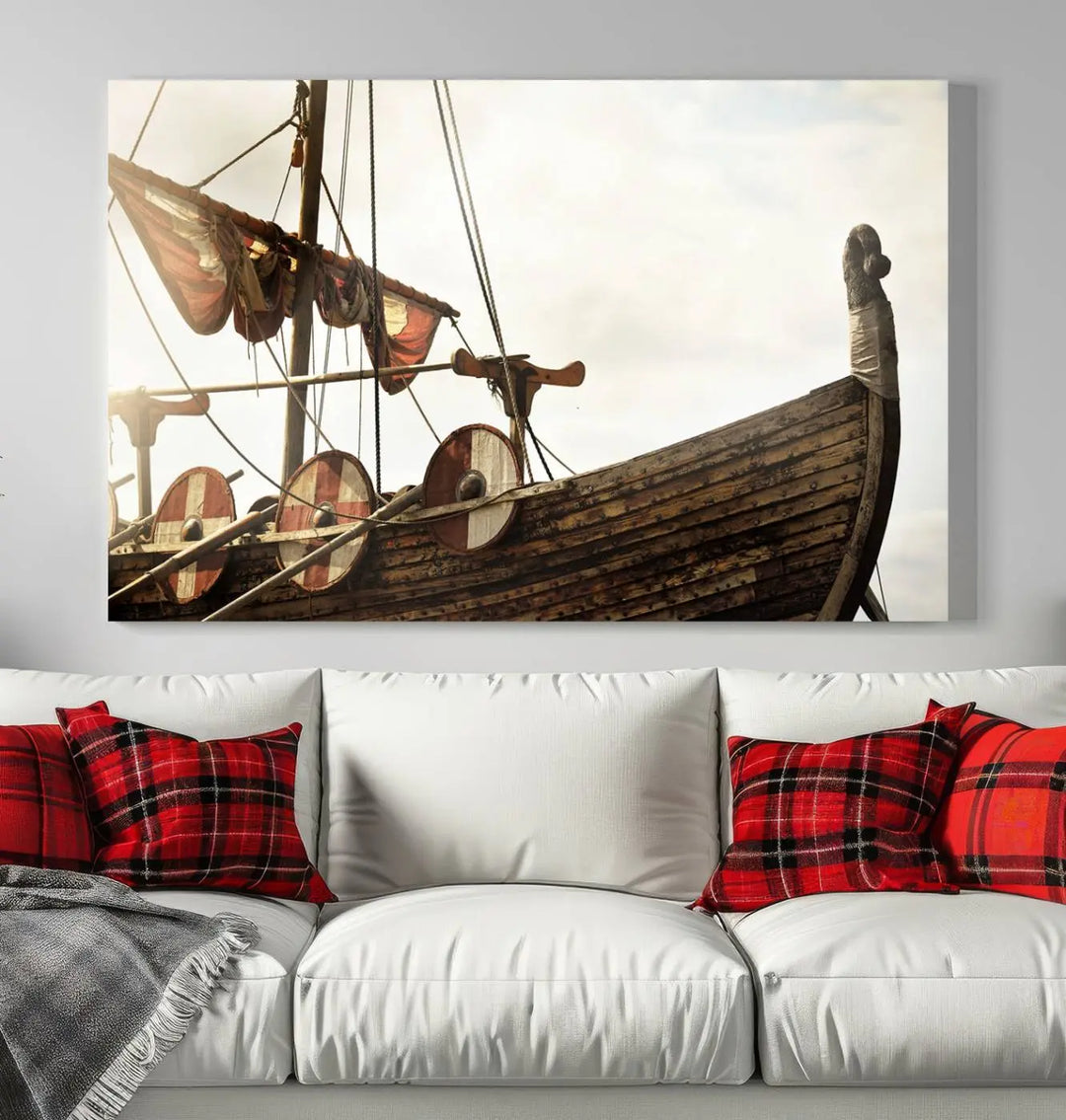 An Old Vintage Ship Wall Art Canvas Print graces the wall.