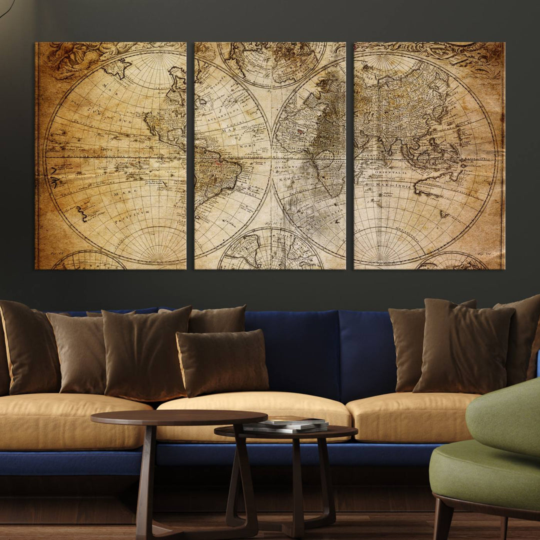 Old Vintage World Map Wall Art | 3-Panel Canvas Print for Living Room, Office, or Study | Giclee Canvas with Antique Design