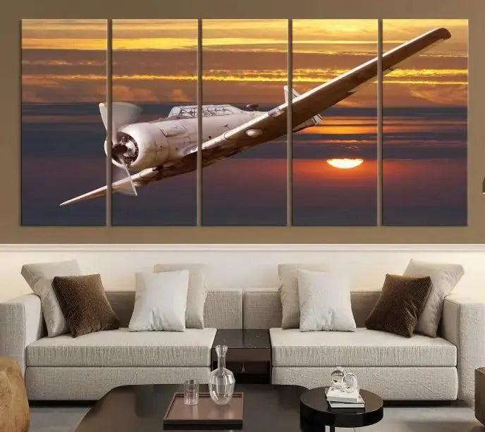 The Old War Planet Wall Art Canvas Print features a vintage airplane flying at sunset, presented as a stunning triptych framed in the USA on museum-quality polycotton canvas. Each purchase includes free shipping.