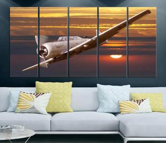 The Old War Planet Wall Art Canvas Print features a vintage airplane flying at sunset, presented as a stunning triptych framed in the USA on museum-quality polycotton canvas. Each purchase includes free shipping.
