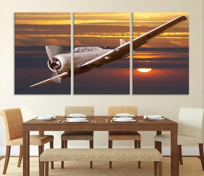 The Old War Planet Wall Art Canvas Print features a vintage airplane flying at sunset, presented as a stunning triptych framed in the USA on museum-quality polycotton canvas. Each purchase includes free shipping.