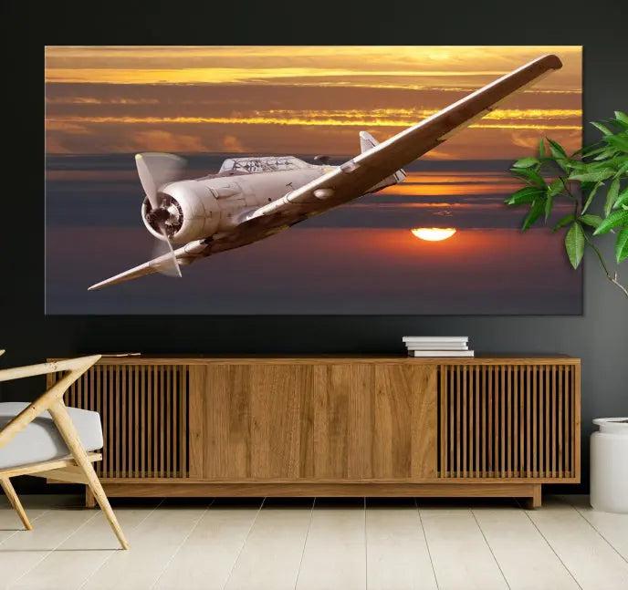 The Old War Planet Wall Art Canvas Print features a vintage airplane flying at sunset, presented as a stunning triptych framed in the USA on museum-quality polycotton canvas. Each purchase includes free shipping.