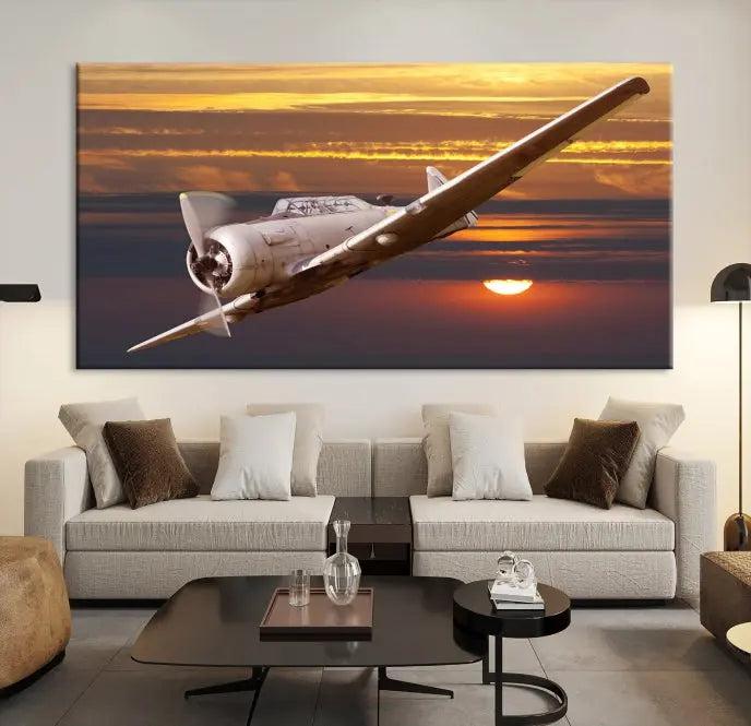 The Old War Planet Wall Art Canvas Print features a vintage airplane flying at sunset, presented as a stunning triptych framed in the USA on museum-quality polycotton canvas. Each purchase includes free shipping.