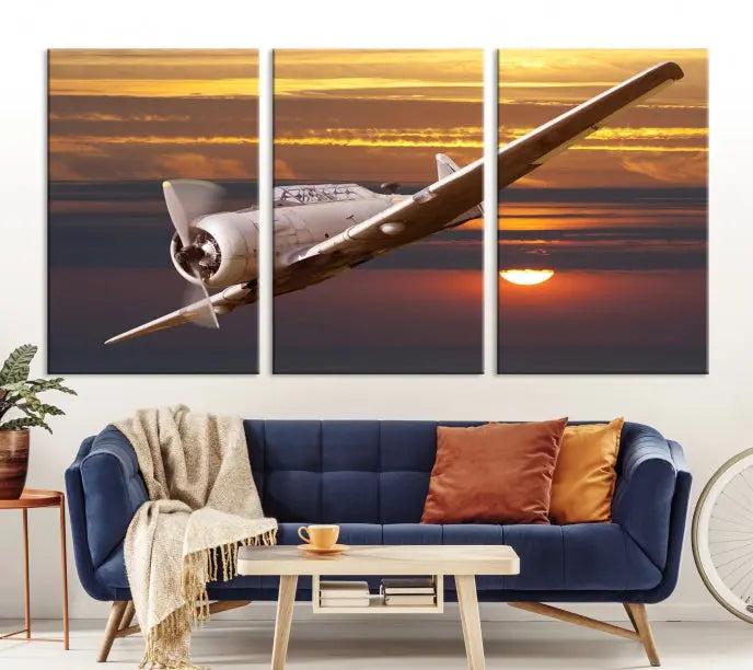 The Old War Planet Wall Art Canvas Print features a vintage airplane flying at sunset, presented as a stunning triptych framed in the USA on museum-quality polycotton canvas. Each purchase includes free shipping.