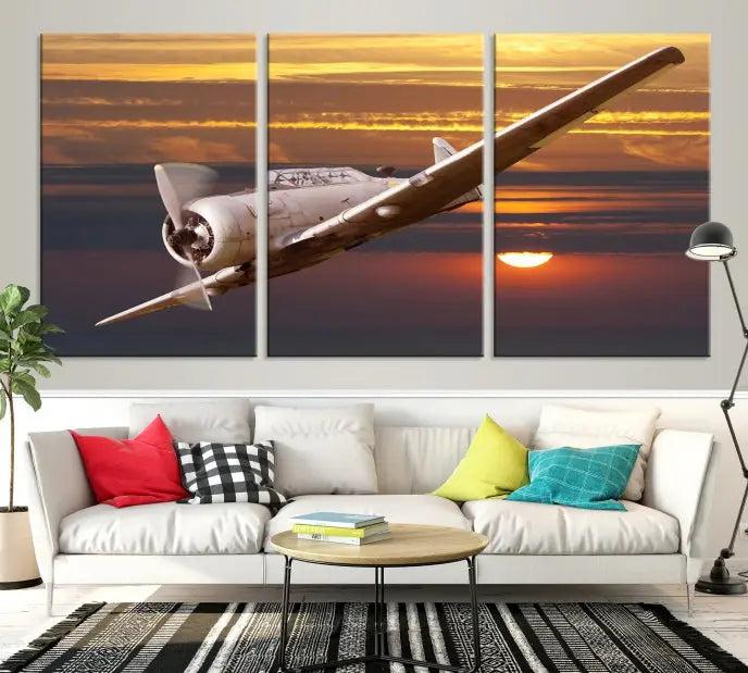 The Old War Planet Wall Art Canvas Print features a vintage airplane flying at sunset, presented as a stunning triptych framed in the USA on museum-quality polycotton canvas. Each purchase includes free shipping.