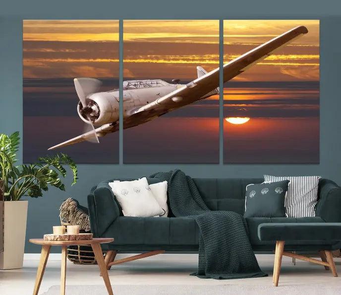 The Old War Planet Wall Art Canvas Print features a vintage airplane flying at sunset, presented as a stunning triptych framed in the USA on museum-quality polycotton canvas. Each purchase includes free shipping.