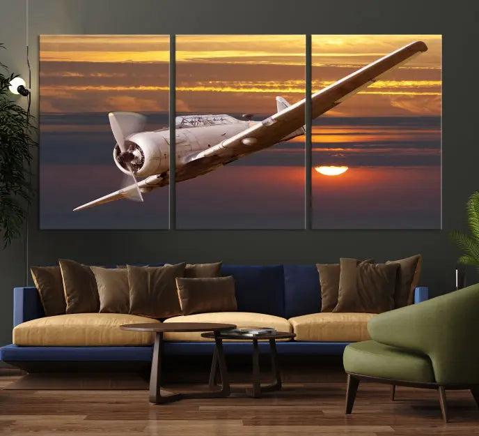 The Old War Planet Wall Art Canvas Print features a vintage airplane flying at sunset, presented as a stunning triptych framed in the USA on museum-quality polycotton canvas. Each purchase includes free shipping.