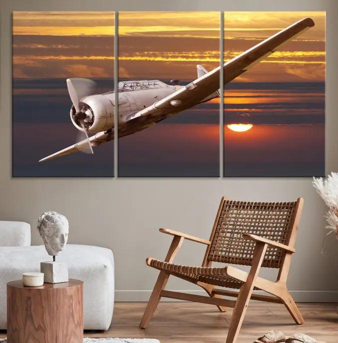 The Old War Planet Wall Art Canvas Print features a vintage airplane flying at sunset, presented as a stunning triptych framed in the USA on museum-quality polycotton canvas. Each purchase includes free shipping.