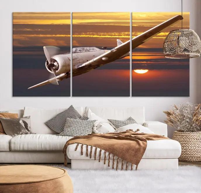 The Old War Planet Wall Art Canvas Print features a vintage airplane flying at sunset, presented as a stunning triptych framed in the USA on museum-quality polycotton canvas. Each purchase includes free shipping.