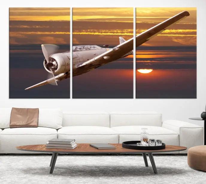 The Old War Planet Wall Art Canvas Print features a vintage airplane flying at sunset, presented as a stunning triptych framed in the USA on museum-quality polycotton canvas. Each purchase includes free shipping.