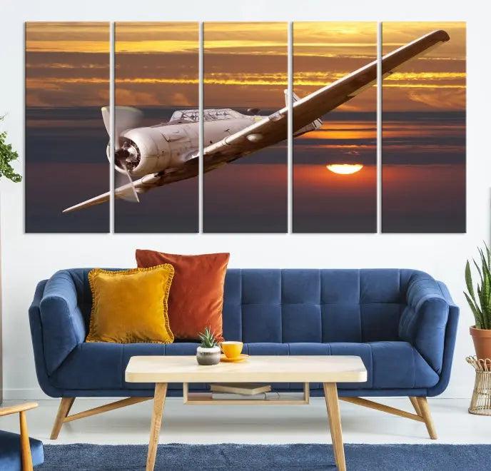 The Old War Planet Wall Art Canvas Print features a vintage airplane flying at sunset, presented as a stunning triptych framed in the USA on museum-quality polycotton canvas. Each purchase includes free shipping.