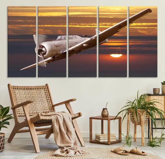 The Old War Planet Wall Art Canvas Print features a vintage airplane flying at sunset, presented as a stunning triptych framed in the USA on museum-quality polycotton canvas. Each purchase includes free shipping.