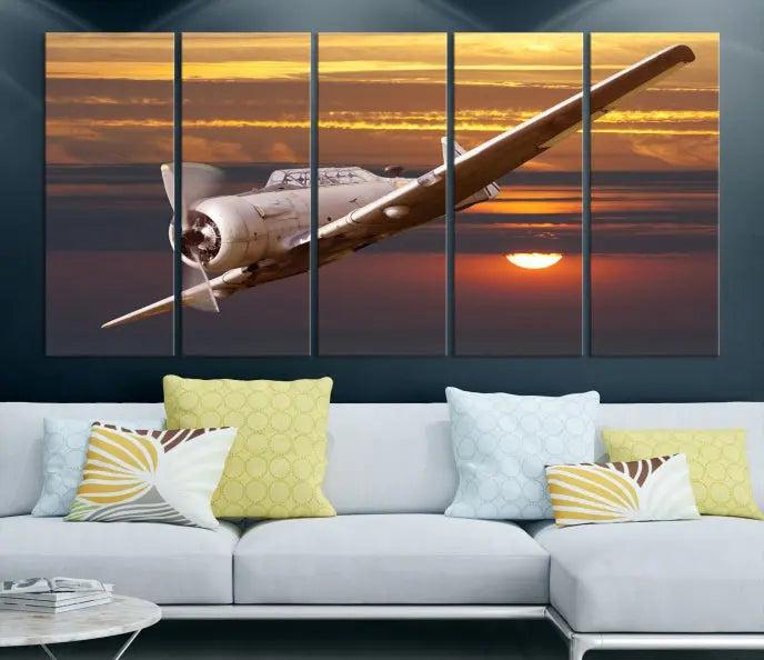 The Old War Planet Wall Art Canvas Print features a vintage airplane flying at sunset, presented as a stunning triptych framed in the USA on museum-quality polycotton canvas. Each purchase includes free shipping.