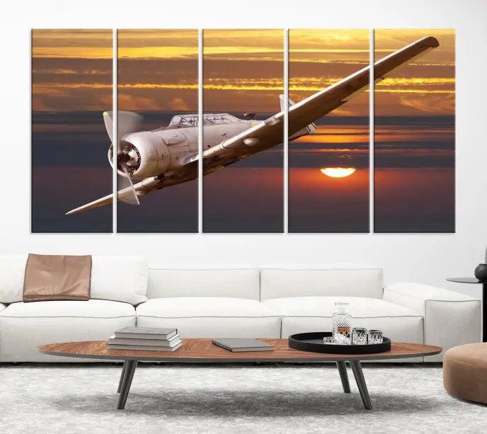 The Old War Planet Wall Art Canvas Print features a vintage airplane flying at sunset, presented as a stunning triptych framed in the USA on museum-quality polycotton canvas. Each purchase includes free shipping.