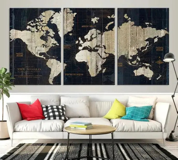 The "Old World Map Wall Art Canvas Print" features a three-panel design on museum-quality canvas with a UV-protective coating. It comes ready to hang, instantly enhancing your decor.