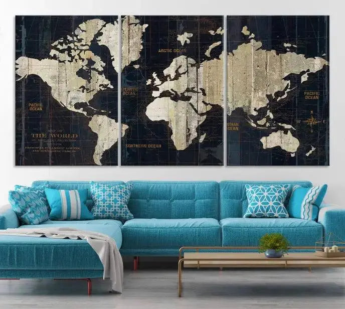 The "Old World Map Wall Art Canvas Print" features a three-panel design on museum-quality canvas with a UV-protective coating. It comes ready to hang, instantly enhancing your decor.