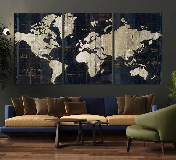 The "Old World Map Wall Art Canvas Print" features a three-panel design on museum-quality canvas with a UV-protective coating. It comes ready to hang, instantly enhancing your decor.