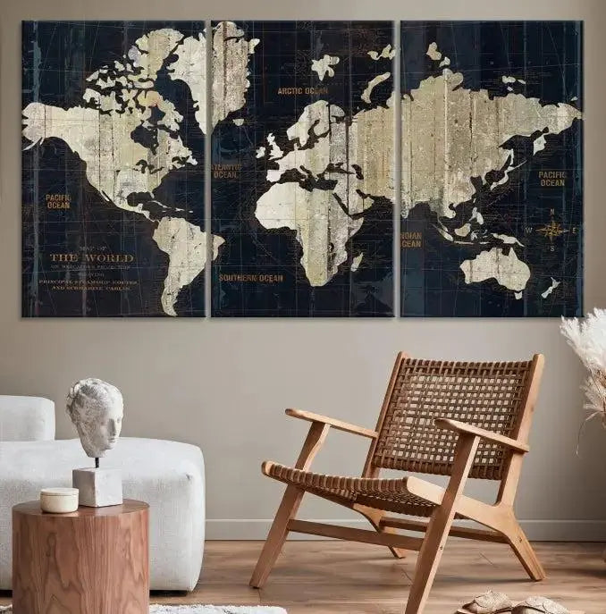 The "Old World Map Wall Art Canvas Print" features a three-panel design on museum-quality canvas with a UV-protective coating. It comes ready to hang, instantly enhancing your decor.