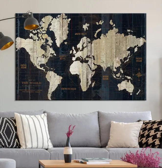 The Old World Map Wall Art Canvas Print elegantly graces the space, presenting museum-quality artwork that is gallery wrapped and finished with a UV-protective coating, ensuring lasting vibrancy and style in your decor.