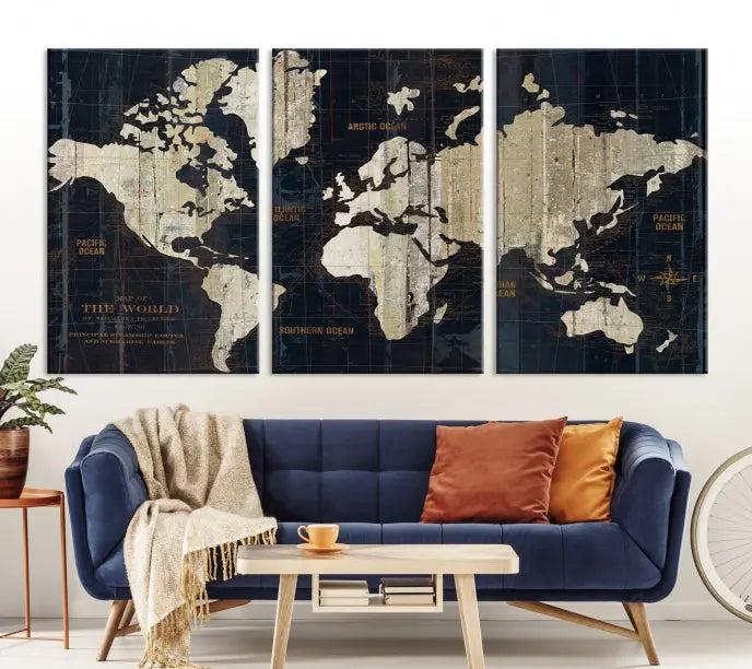 The Old World Map Wall Art Canvas Print elegantly graces the space, presenting museum-quality artwork that is gallery wrapped and finished with a UV-protective coating, ensuring lasting vibrancy and style in your decor.