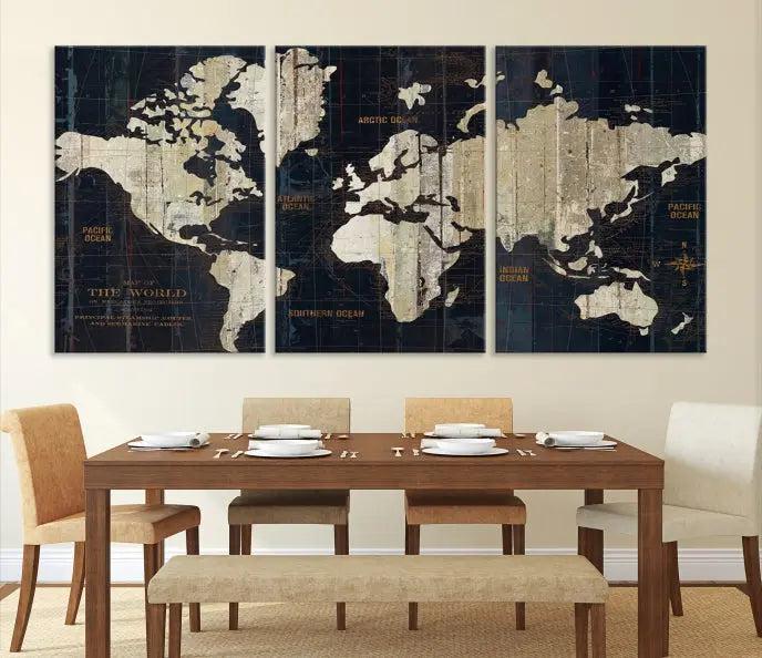 The Old World Map Wall Art Canvas Print elegantly graces the space, presenting museum-quality artwork that is gallery wrapped and finished with a UV-protective coating, ensuring lasting vibrancy and style in your decor.