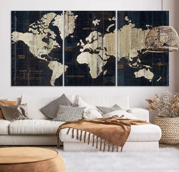 The Old World Map Wall Art Canvas Print elegantly graces the space, presenting museum-quality artwork that is gallery wrapped and finished with a UV-protective coating, ensuring lasting vibrancy and style in your decor.