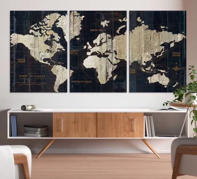 The Old World Map Wall Art Canvas Print elegantly graces the space, presenting museum-quality artwork that is gallery wrapped and finished with a UV-protective coating, ensuring lasting vibrancy and style in your decor.