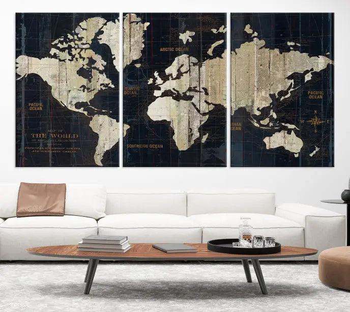 The Old World Map Wall Art Canvas Print elegantly graces the space, presenting museum-quality artwork that is gallery wrapped and finished with a UV-protective coating, ensuring lasting vibrancy and style in your decor.