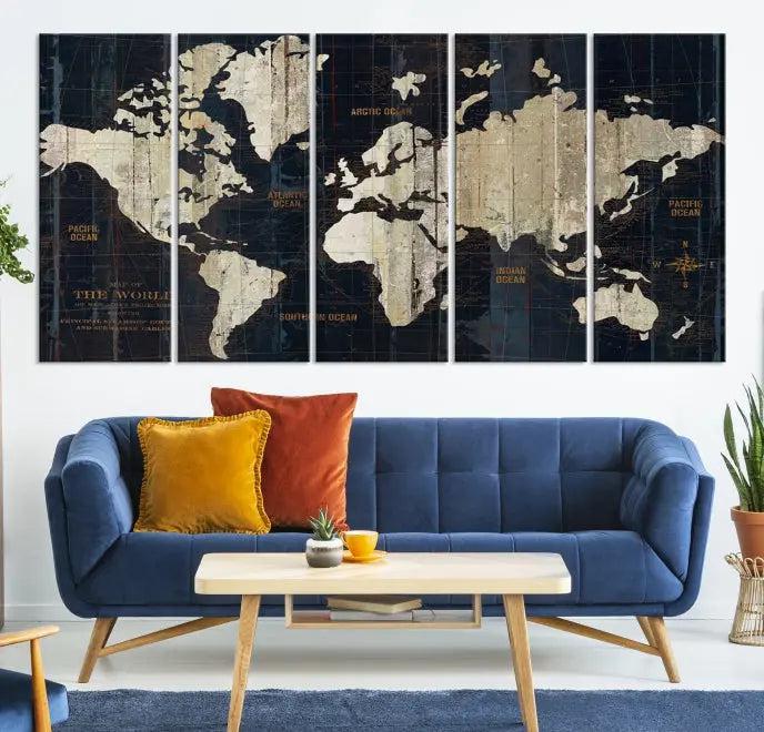 The Old World Map Wall Art Canvas Print elegantly graces the space, presenting museum-quality artwork that is gallery wrapped and finished with a UV-protective coating, ensuring lasting vibrancy and style in your decor.