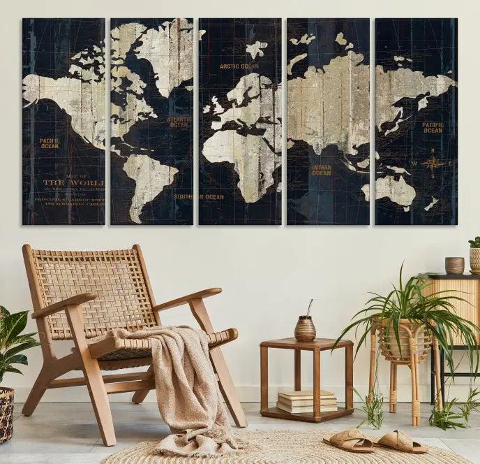 The Old World Map Wall Art Canvas Print elegantly graces the space, presenting museum-quality artwork that is gallery wrapped and finished with a UV-protective coating, ensuring lasting vibrancy and style in your decor.